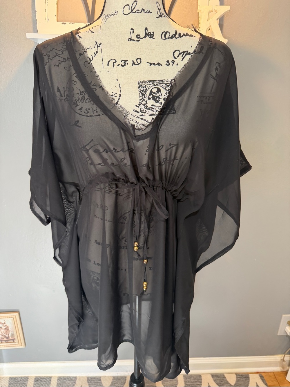 ELLEN WEAVER BLACK SHEER V NECK SWIM COVER UP TUNIC WITH WAIST TIE SZ M